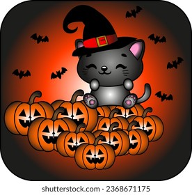 Vector of a beautiful gray black cat on an orange and black background with a witch's hat and bats around it