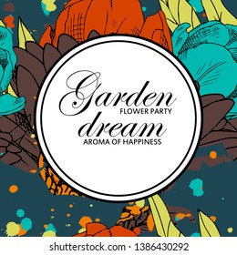 Vector beautiful greeting card with flowers. Hand drawn illustration of peonies, gerbera and tulips. Garden dream. Text. Flower party. Aroma of happiness. 4
