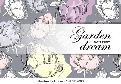 Vector beautiful greeting card with flowers. Hand drawn illustration of peonies. Garden dream. Text. Flower party. Aroma of happiness. 7