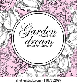Vector beautiful greeting card with flowers. Hand drawn illustration of peonies. Garden dream. Text. Flower party. Aroma of happiness. 14