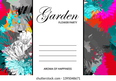 Vector beautiful greeting card with flowers. Hand drawn illustration of gerberas and tulips. Garden dream. Text. Flower party. Aroma of happiness. 3