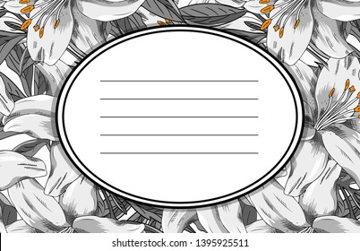 Vector beautiful greeting card with flowers. Hand drawn illustration of white lilies. Garden dream. Text. Flower party. Aroma of happiness. 6