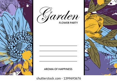 Vector beautiful greeting card with flowers. Hand drawn illustration of gerbera and tulips. Garden dream. Text. Flower party. Aroma of happiness. 9