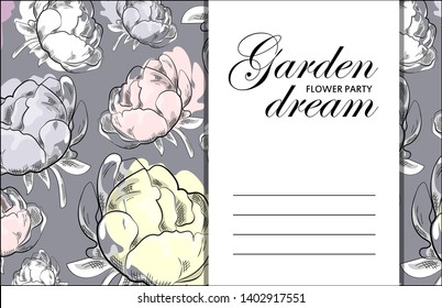 Vector beautiful greeting card with flowers. Hand drawn illustration of peonies. Garden dream. Text. Flower party. Aroma of happiness. 6