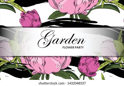Vector beautiful greeting card with flowers. Hand drawn illustration of peonies. Garden dream. Text. Flower party. Aroma of happiness. 10