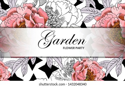 Vector beautiful greeting card with flowers. Hand drawn illustration of peonies. Garden dream. Text. Flower party. Aroma of happiness. 3