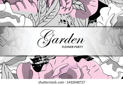 Vector beautiful greeting card with flowers. Hand drawn illustration of peonies. Garden dream. Text. Flower party. Aroma of happiness. 16