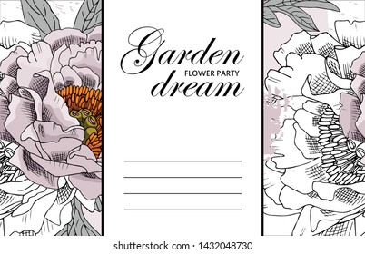 Vector beautiful greeting card with flowers. Hand drawn illustration of peonies. Garden dream. Text. Flower party. Aroma of happiness. 20