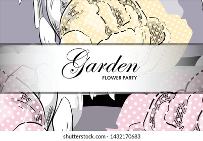 Vector beautiful greeting card with flowers. Hand drawn illustration of peonies. Garden dream. Text. Flower party.