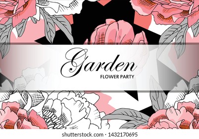 Vector beautiful greeting card with flowers. Hand drawn illustration of peonies. Garden dream. Text. Flower party.