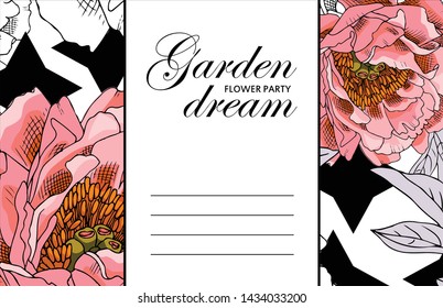 Vector beautiful greeting card with flowers. Hand drawn illustration of peonies. Text. Garden dream. Flower party. Aroma of happiness. 2