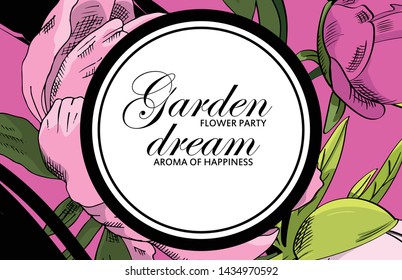 Vector beautiful greeting card with flowers. Hand drawn illustration of peonies. Text. Garden dream. Flower party. Aroma of happiness. 7