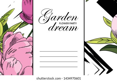 Vector beautiful greeting card with flowers. Hand drawn illustration of peonies. Text. Garden dream. Flower party. Aroma of happiness. 6