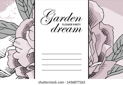 Vector beautiful greeting card with flowers. Hand drawn illustration of peonies. Text. Garden dream. Flower party. Aroma of happiness. 42