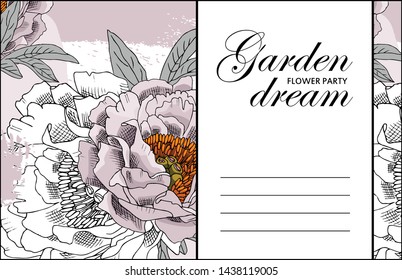 Vector beautiful greeting card with flowers. Hand drawn illustration of peonies. Text. Garden dream. Flower party. Aroma of happiness. 1