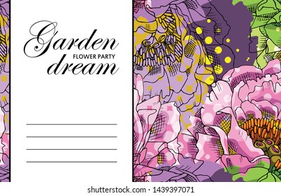 Vector beautiful greeting card with flowers. Hand drawn illustration of peonies. Text. Garden dream. Flower party. Aroma of happiness. 18