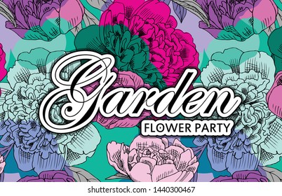 Vector beautiful greeting card with flowers. Hand drawn illustration of peonies. Text. Garden dream. Flower party. Aroma of happiness. 9
