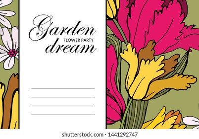 Vector beautiful greeting card with flowers. Hand drawn illustration of peonies. Text. Garden dream. Flower party. Aroma of happiness. 19