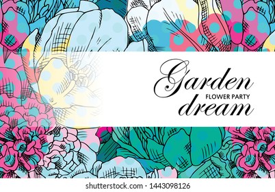 Vector beautiful greeting card with flowers. Hand drawn illustration of peonies. Text. Garden dream. Flower party. Aroma of happiness. 7