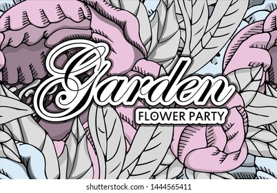 Vector beautiful greeting card with flowers. Hand drawn illustration of peonies. Text. Garden dream. Flower party. Aroma of happiness. 40