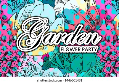 Vector beautiful greeting card with flowers. Hand drawn illustration of peonies. Text. Garden dream. Flower party. 