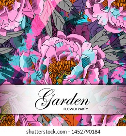 Vector beautiful greeting card with flowers. Hand drawn illustration of peonies. Text. Garden. Flower party. 