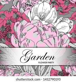 Vector beautiful greeting card with flowers. Hand drawn illustration of peonies. Text. Garden. Flower party. 