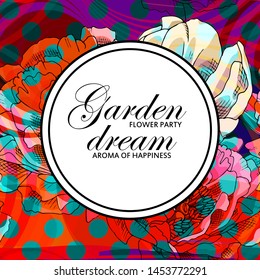 Vector beautiful greeting card with flowers. Hand drawn illustration of peonies. Text. Garden. Flower party. 