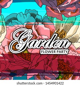 Vector beautiful greeting card with flowers. Hand drawn illustration of peonies. Text. Garden. Flower party. 
