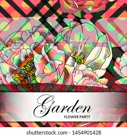 Vector beautiful greeting card with flowers. Hand drawn illustration of peonies. Text. Garden. Flower party. 