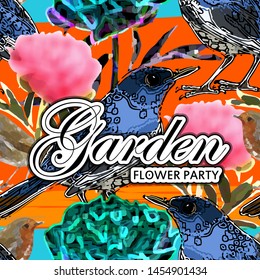 Vector beautiful greeting card with flowers and birds. Hand drawn illustration of peonies. Text. Garden. Flower party. 
