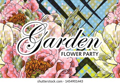 Vector beautiful greeting card with flowers. Hand drawn illustration of peonies and tulips. Text. Garden. Flower party. 