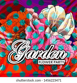 Vector beautiful greeting card with flowers. Hand drawn illustration of peonies. Text. Garden. Flower party. 