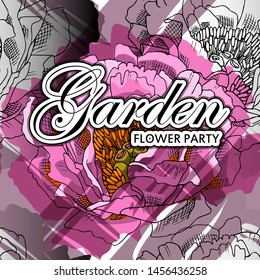 Vector beautiful greeting card with flowers. Hand drawn illustration of peonies. Text. Garden. Flower party. 