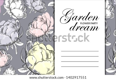Vector beautiful greeting card with flowers. Hand drawn illustration of peonies. Garden dream. Text. Flower party. Aroma of happiness. 6