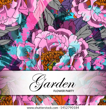 Vector beautiful greeting card with flowers. Hand drawn illustration of peonies. Text. Garden. Flower party. 