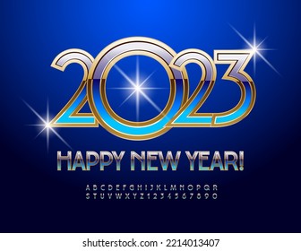 Vector beautiful Greeting Card Happy New Year 2023! Blue and Golden stylish Font. Chic Alphabet Letters and Numbers
