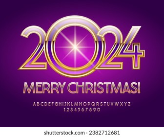 Vector beautiful Greeting Card Happy New Year 2024! Stylish Violet and Golden slim Font. Premium Alphabet Letters and Numbers set