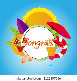 , vector beautiful greeting card or label with beach or summer theme and handrawn text.