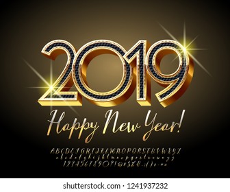 Vector beautiful Greeting Card Merry Christmas 2019. Luxury set of Golden Calligraphy Alphabet Letters, Numbers and Symbols.