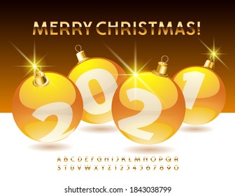 Vector beautiful greeting card Merry Christmas 2021 with Decorative Balls. Gold Alphabet set. Premium elite Font