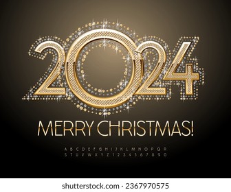 Vector beautiful Greeting Card Merry Christmas 2024! Stylish Golden Font. Chic Alphabet Letters and Numbers set