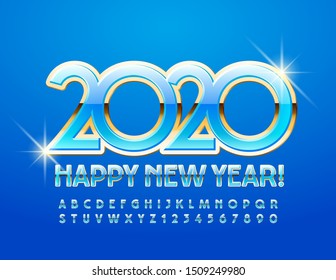 Vector beautiful Greeting Happy New Year 2020. Luxury Alphabet Letters and Numbers. Chic Blue and Golden Font