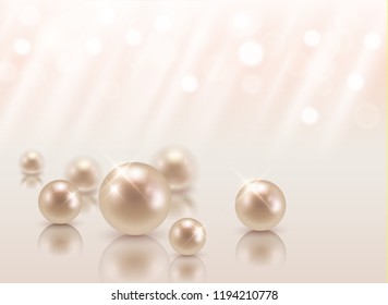 Vector beautiful group of shiny pearls on soft pink background with sparkles and light beams with copy space