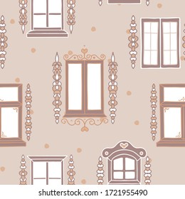 Vector Beautiful Hand Drawn Folklore Windows with Ornaments in Warm Beiges seamless pattern background. Perfect for fabric, scrapbooking and wallpaper projects.