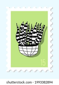 Vector beautiful hand drawn green post stamp. Modern vector isolated post stamp design. Vector illustration home plant black and white.  post stamp. Mail and post office conceptual drawing.