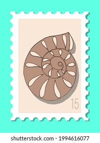 Vector beautiful hand drawn post stamp. Modern vector isolated post stamp design. Seashells and stars post stamp. Mail and post office conceptual drawing.