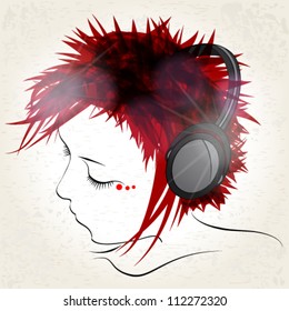 Vector beautiful hand drawn style illustration of a girl listening to music
