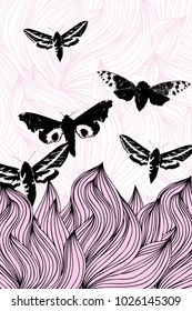 Vector beautiful handmade wave hand-drawn background with butterflies.