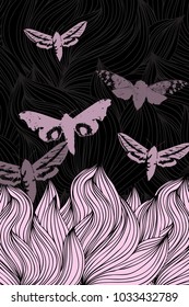 Vector beautiful handmade wave hand-drawn background with butterflies.